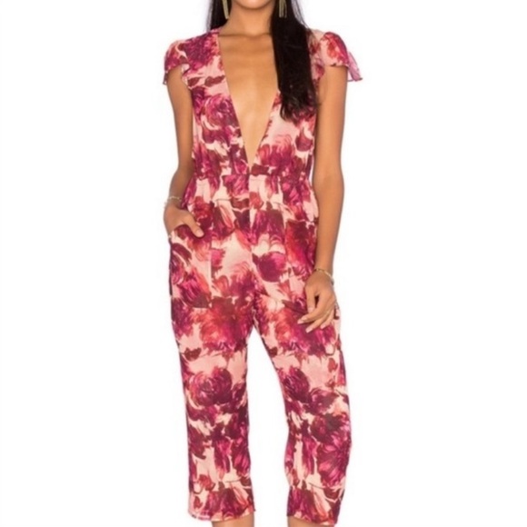 FOR LOVE AND LEMONS Sweet Jane Cropped Jumpsuit with Deep V Neckline, Red, Small - Picture 1 of 10
